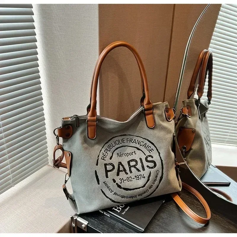 Large Women Stylish Crossbody Bag Retro Canvas Tote Bag  Adjustable Shoulder Strap Vintage Paris Stamp Print Purses and Handbags