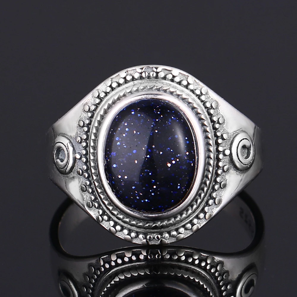 S925 Silver Ring Big Oval 8*10MM Natural Moonstone Turquoise Lapis Tiger Eye Rings for Women Gifts Fine Jewelry