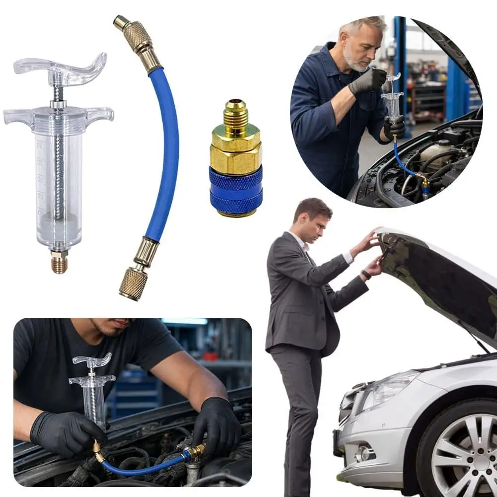 Portable Car AC System Oil Dye Injector Syringe With Connect Hose Auto Air Conditioning Refrigerant Adding Repair Tool Car Care