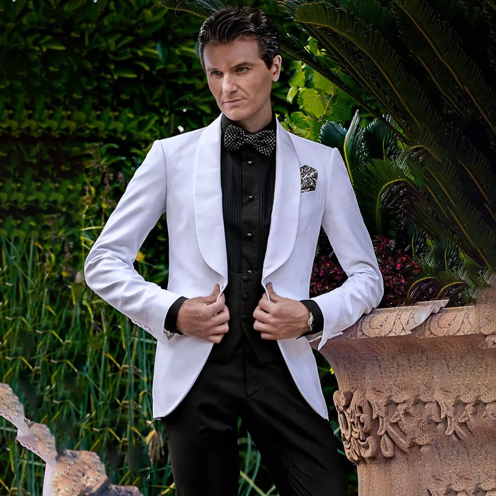 

Slim Fit Men's Suits White Blazer With Black Pants Sets Customzied One-Button Shawl Lapel Skinny Wedding Male Clothing Outfits