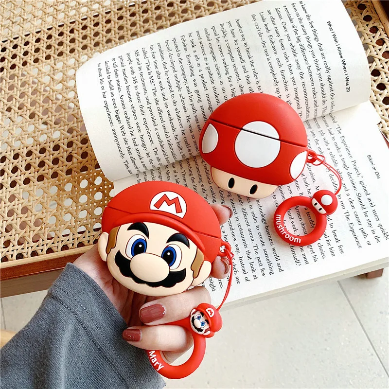 Super Mario Case for Apple AirPods 1 2 3 Airpod Pro 3D Mushroom Keychain Wireless Earphone Bluetooth Headset Case Silicone Cover