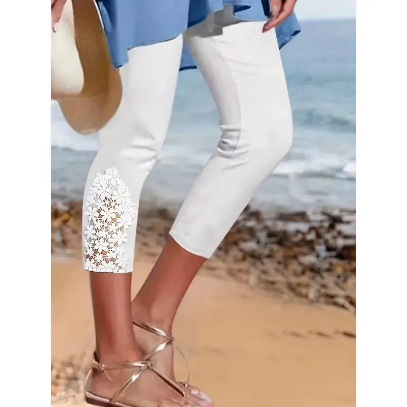 Lace Yoga Pants Seven Points Cross-Border Invisible Pure Color Women's Base Layer Trousers Nylon Fabric Winter Collection