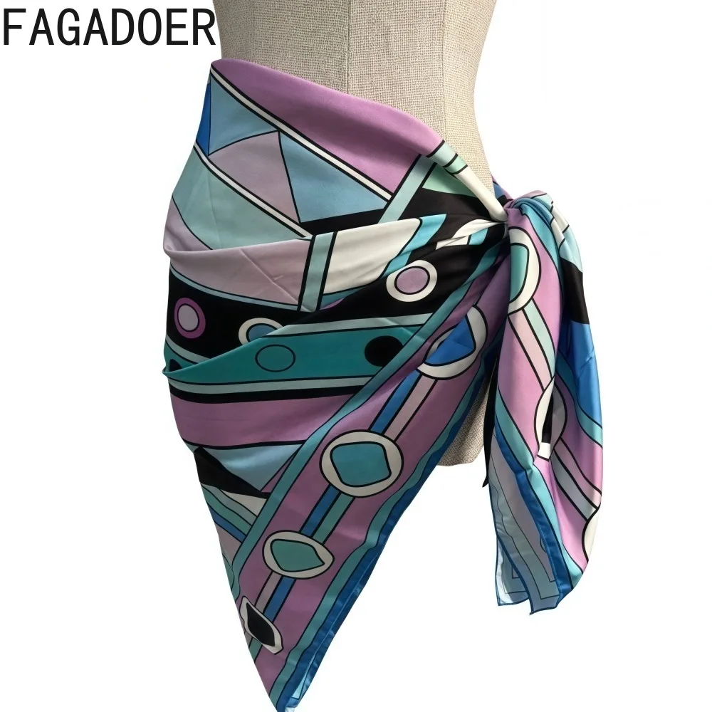 FAGADOER Sexy Bikinis Set 3 Piece Swimwear Woman 2025 Geometry Pattern Halter Backless Patchwork Tops +Underpants+ Lace Up Skirt