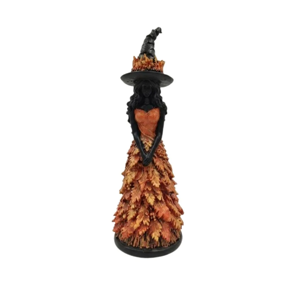 Vintage Autumn Witch Figurine Rustic Leaf Gown Leaf Witch Resin Ornament Gothic Stable Base Halloween Witch Statue Fall Decor