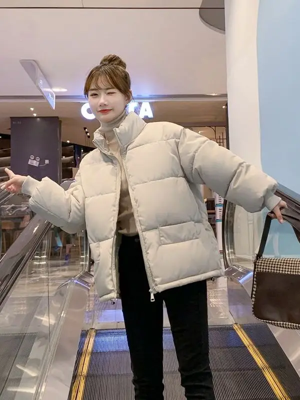 

Women's Short down Cotton Jacket Korean Style Small Size Loose Fit Stand Collar Winter Outerwear Polyester Fiber Filling