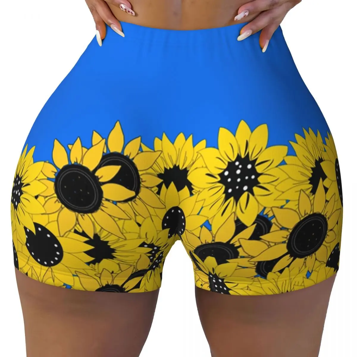 Custom Blue Sunflower Printed Running Volleyball Gym Shorts for Women Ukraine Flag Athletic Workout Yoga Shorts