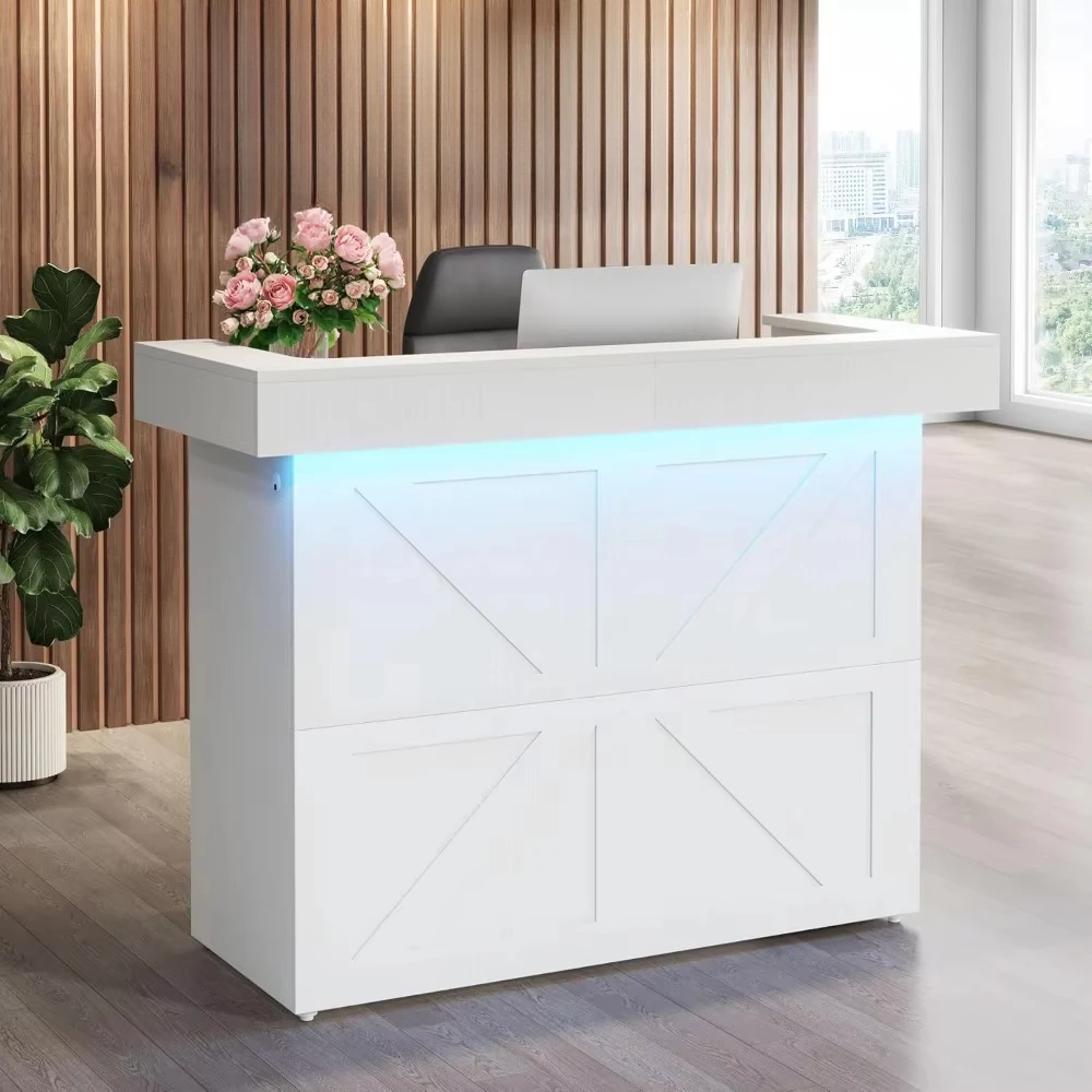 Reception Desk with Light, 55-Inch Front Desk with Cable Grommets, Retail Counter Table for  Lobby, Shop, Office Reception Room