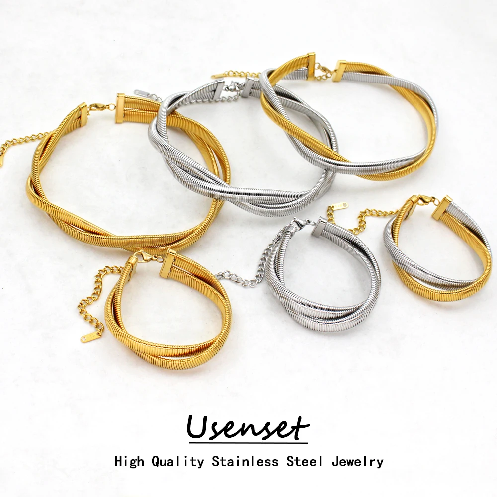 USENSET 8mm 2 Layers Twisted Spiral Stainless Steel Jewelry Set Aesthetic Golden Neck Wrist Accessories Rust Proof
