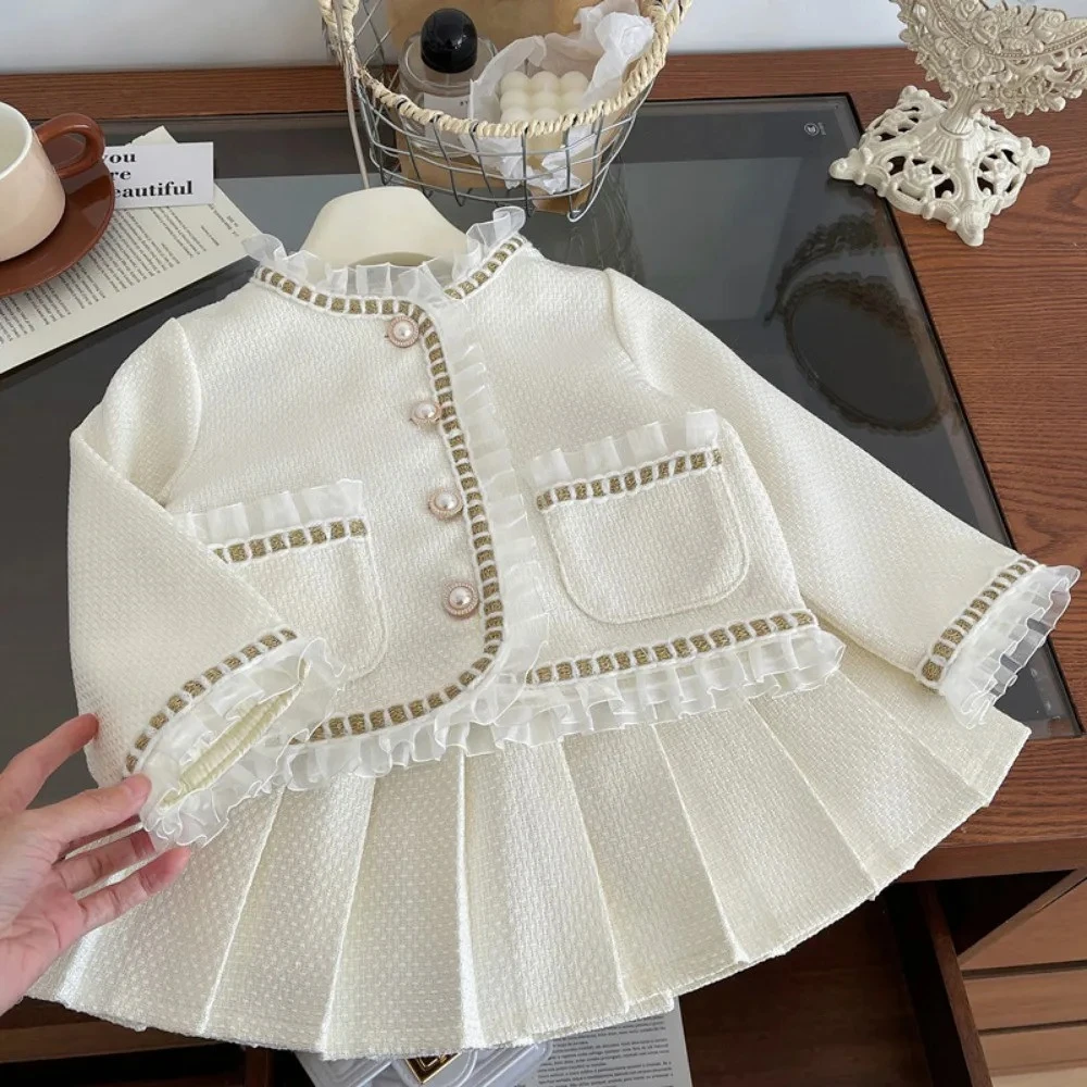 Koreanische Version Frühling und Herbst Süße Lange Ärmeln Mädchen Einfarbig Spitze Rand Jacke + Falten Rock Anzug 2-stück Set