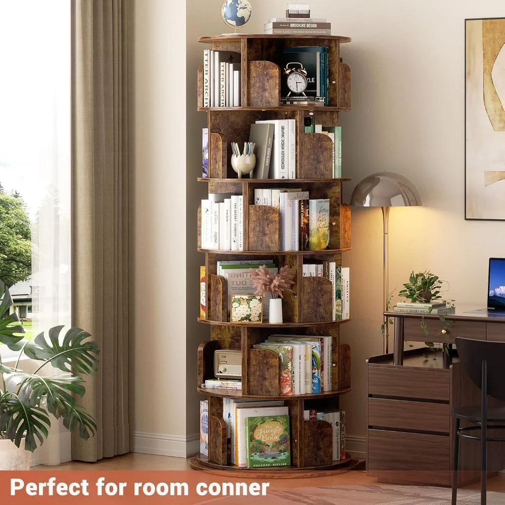 Rotating Bookshelf Tower 6 Tier Wood Spinning Bookcase Rustic Brown