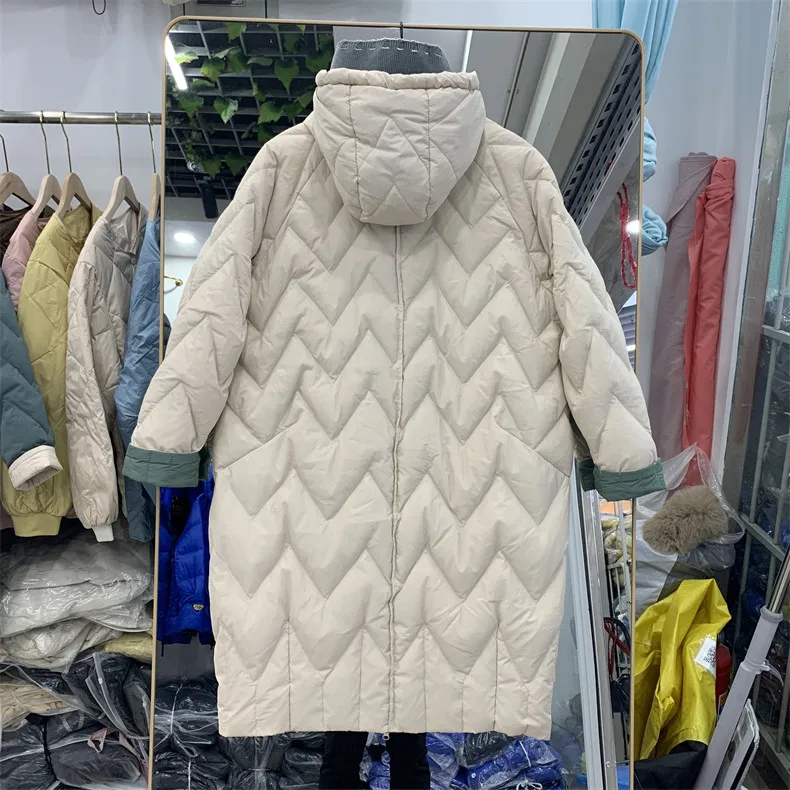 Autumn Winter Warm Knitted Patchwork Hooded Coat Women Thicken White Duck Down Jacket Parka Female Bigsize Long Puffer Outwears