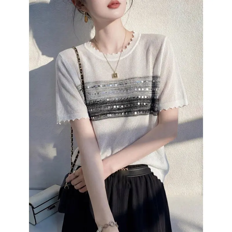 Women Clothes Summer Casual Korean Fashion Loose Solid Color O-neck Commuting Appear Thin Ice Shreds Short Sleeve Cardigan