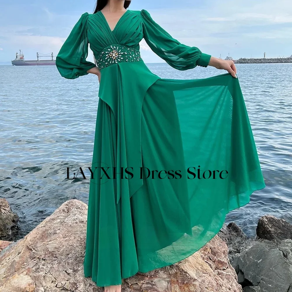 

LAYXHS Elegant V-Neck Evening Dresses A-Line Long Sleeves Beaded Pleat Women Prom Dresses Customized فساتين سهرة