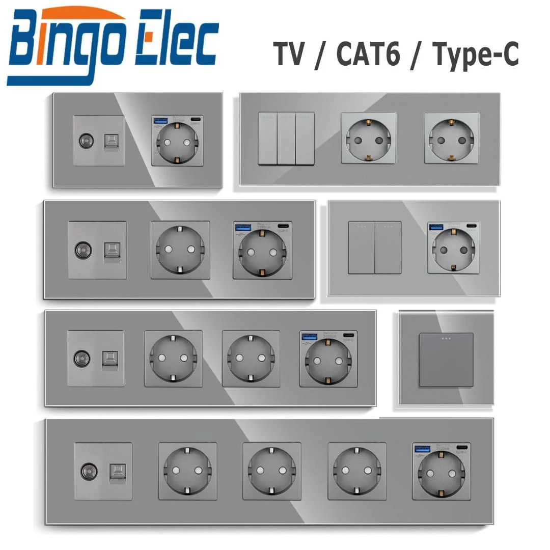 

Bingoelec High Quality Sockets TV/CAT6 Dedicated Socket With Type-c/USB Charging Port Glass Panel EU Wall Socket Spain 220V Plug