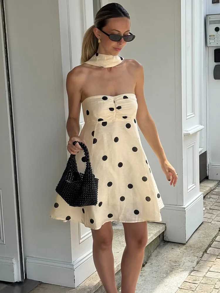 

Trendix Slim Ruffle Print Dot Dress For Women High Waist Sleeveless Off Shoulder Short Dress Party Club Sexy Beach Mini Dresses