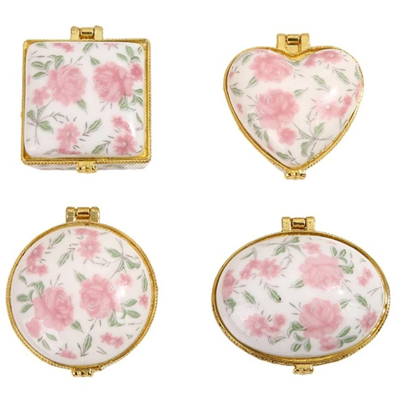 Set of 4 Vintage Porcelain Jewelry Box Miniature Ceramic Trinkets Case for Rings Earrings Organiser Jewellery Holder