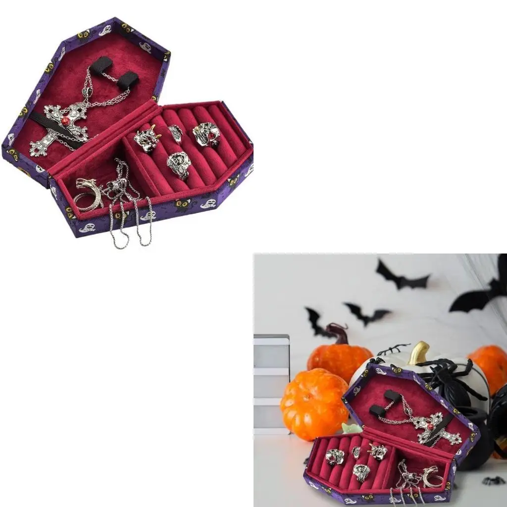 

Coffin Shaped Ring Holder Box Halloween Themed Jewelry Storage Container Stylish Velvets Lined Case for Accessories