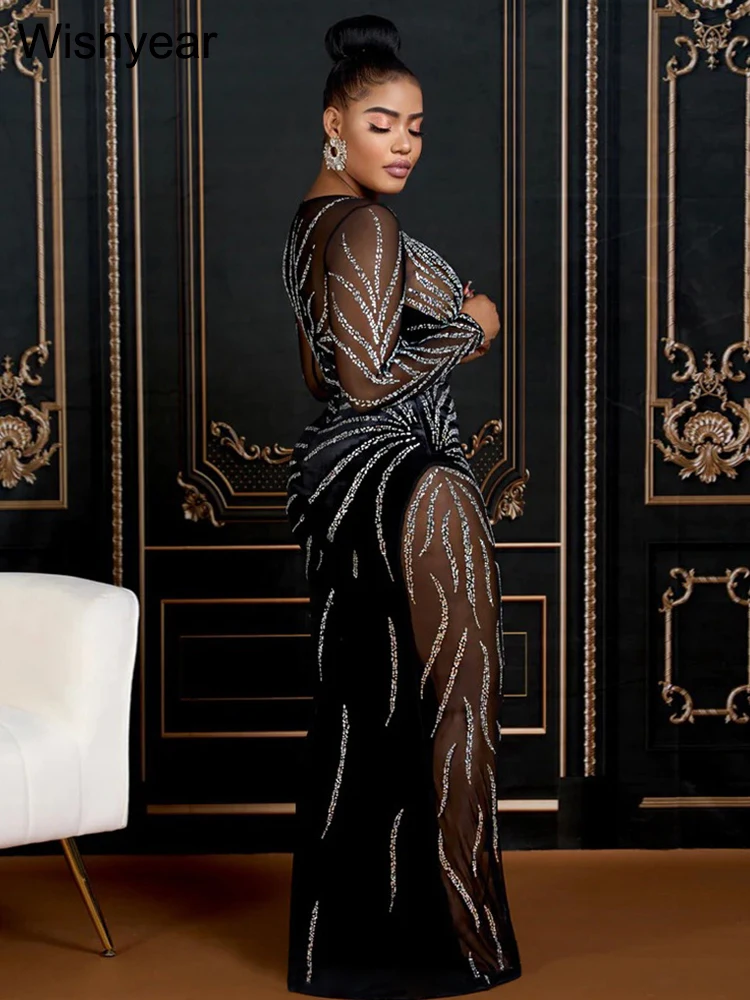 New Rhie Veet Patchwork Mesh See Through Black Long Dresses Women Elegant Christmas Party Evening Birthday Robe