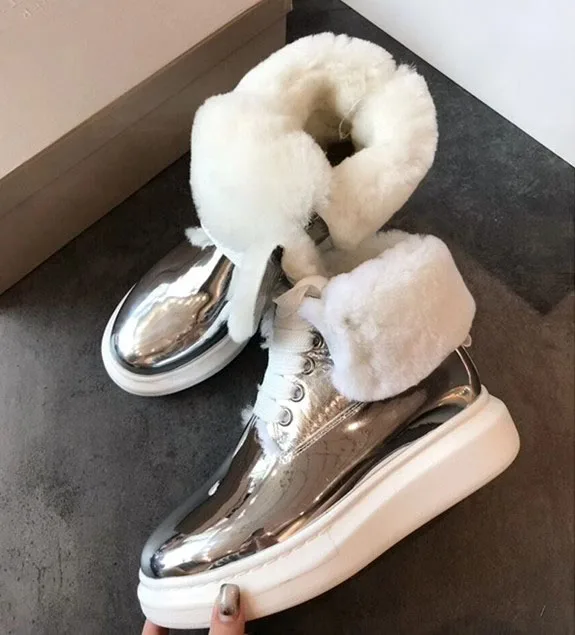 Silver Bling Wool Fur Lace -Up Snow Boots Round Toe Thick Sole Winter Fur Booties Patent Leather Women Fur Shoes