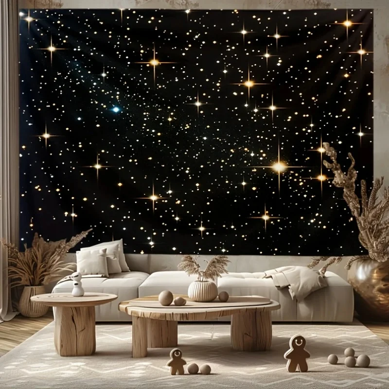 VIKAMA Galaxy Star Wall Tapestry Dark Cosmic Sky Twinkling Golden Star Print Minimalist Living Room Background Cloth