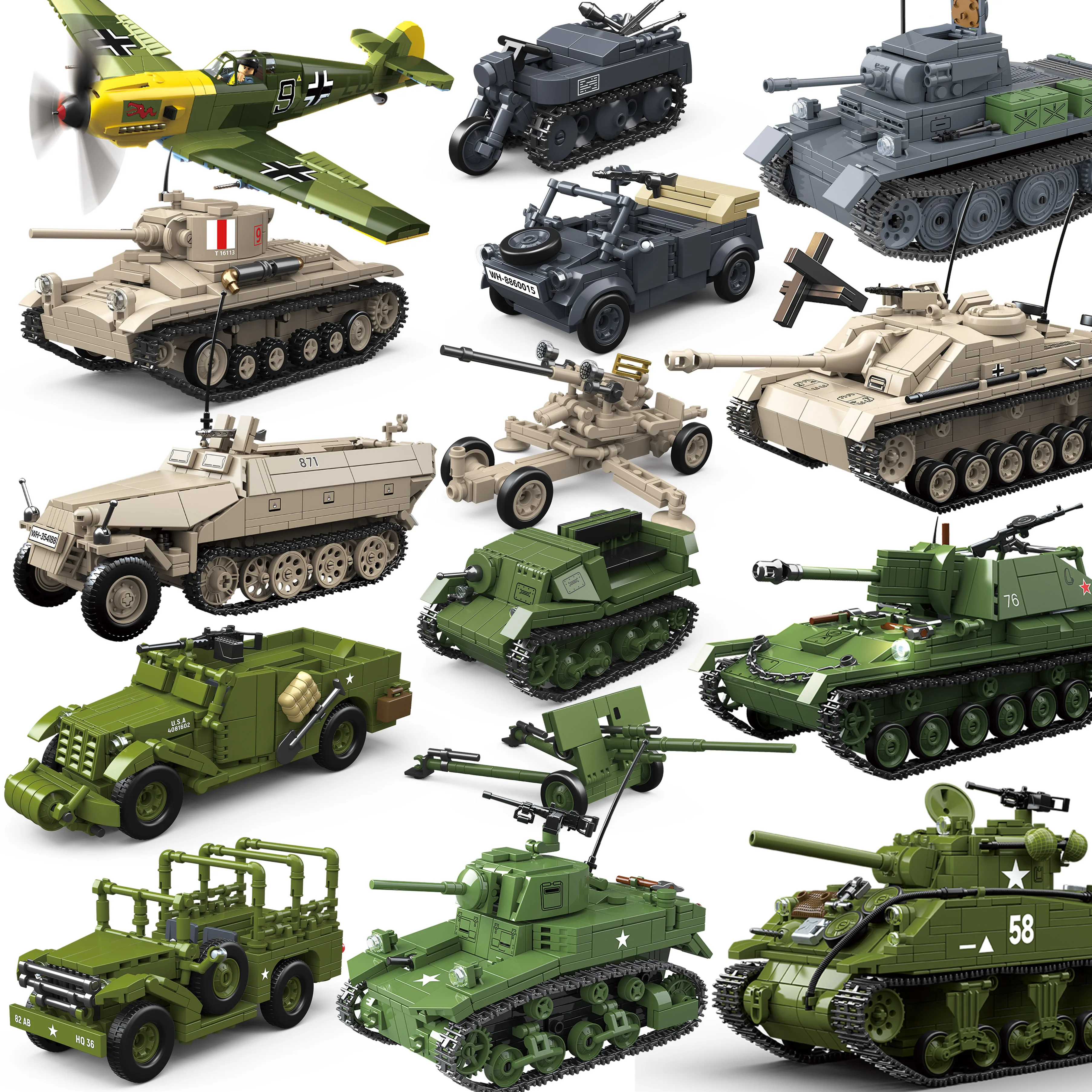 【セール中】軍用戦車 スチュアート SdKfz251 パンツァーVI シャーマン アメリカ陸軍 クアン グアン 第二次世界大戦 兵士 フィギュア モデル ビルディングブロック ブロック 子供 おもちゃ