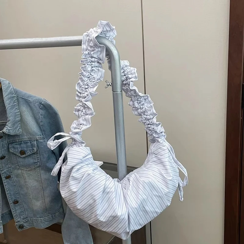 Gestreifte Plissee-Umhängetasche mit Kordelzug, koreanische weiche lässige Dumpling-Cloud-Tasche, Damen-Handtasche mit großer Kapazität und geringem Gewicht – Detail 12
