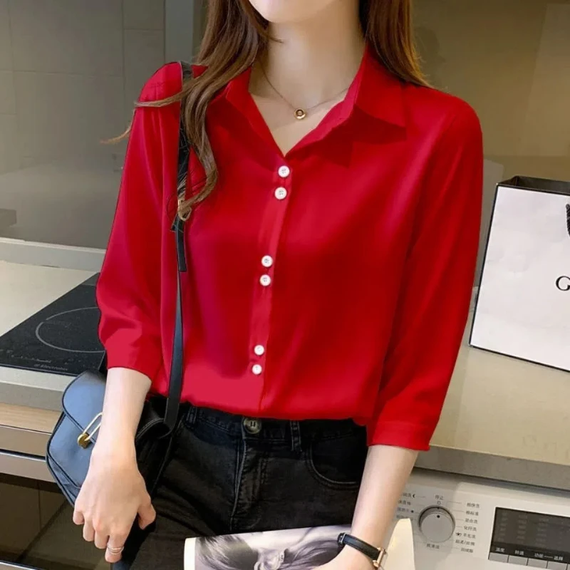 Fashion Minimalist Summer New Chiffon Blouses Women\'s Polo Collar Solid Color Cardigan Button All-match Loose 3/4 Sleeve Shirts