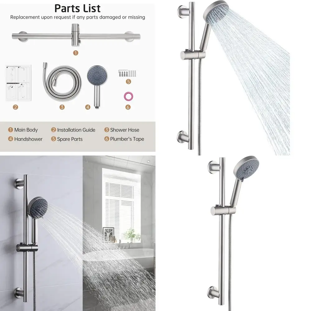 

Adjustable 5-Function Handheld Shower with Hose and Wall Mount Slide Bar, Brushed Finish