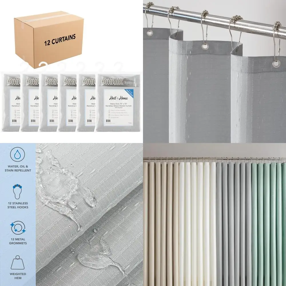 

arkwright bulk shower curtain set - case of 12 - stainless 12 metal hooks, raindrop jacquard woven washable fabric with weighted