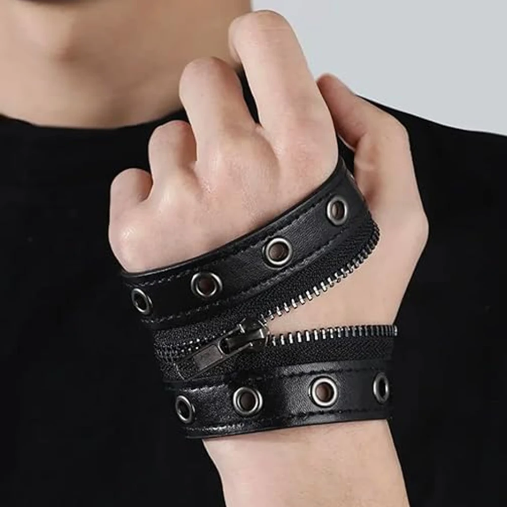 Punk Pu Leather Bracelet, Featuring Zippers, Rivets, And Buttons, Black Wristband For Women, Fashionable Accessory
