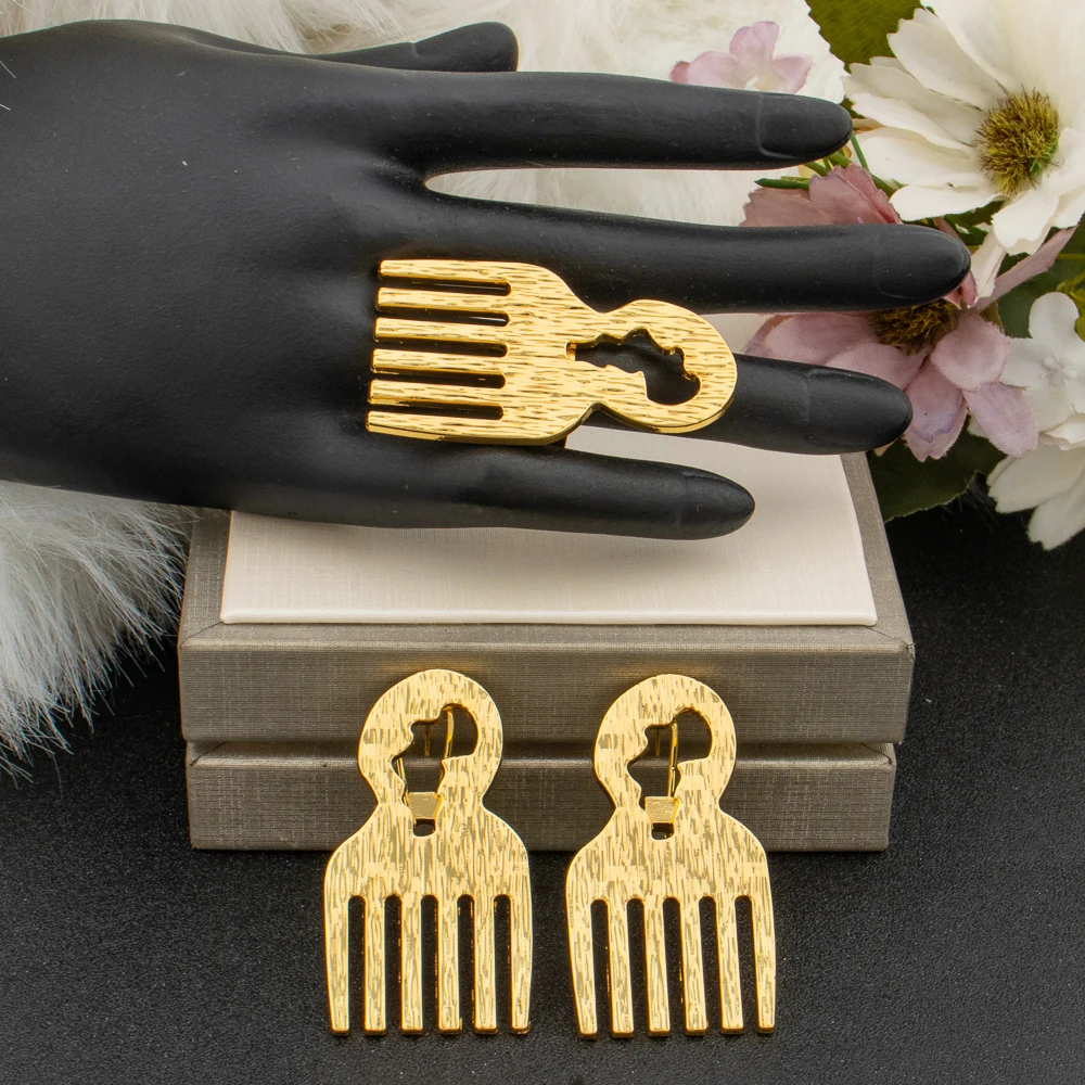 

African Map Design Jewelry Set Ladies Luxury Gold Color Earrings and Finger Ring 2Pcs Set Jewellery Ear Rings Accessories Gifts