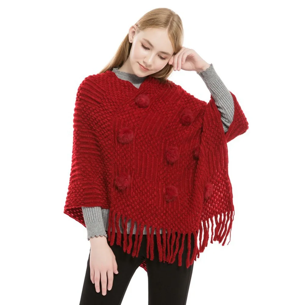

New Imitation Cashmere Warm Shawl Rabbit Fur Ball Plus Size Wrap Cloak Solid Color Women's Cape