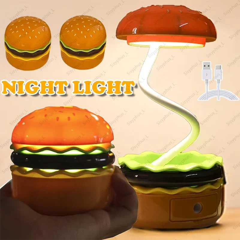 

Cute Hamburger LED Desk Lamp Creative Burger Light Rechargeable Cartoon Night Light Eye Protection Kids Reading Lamp