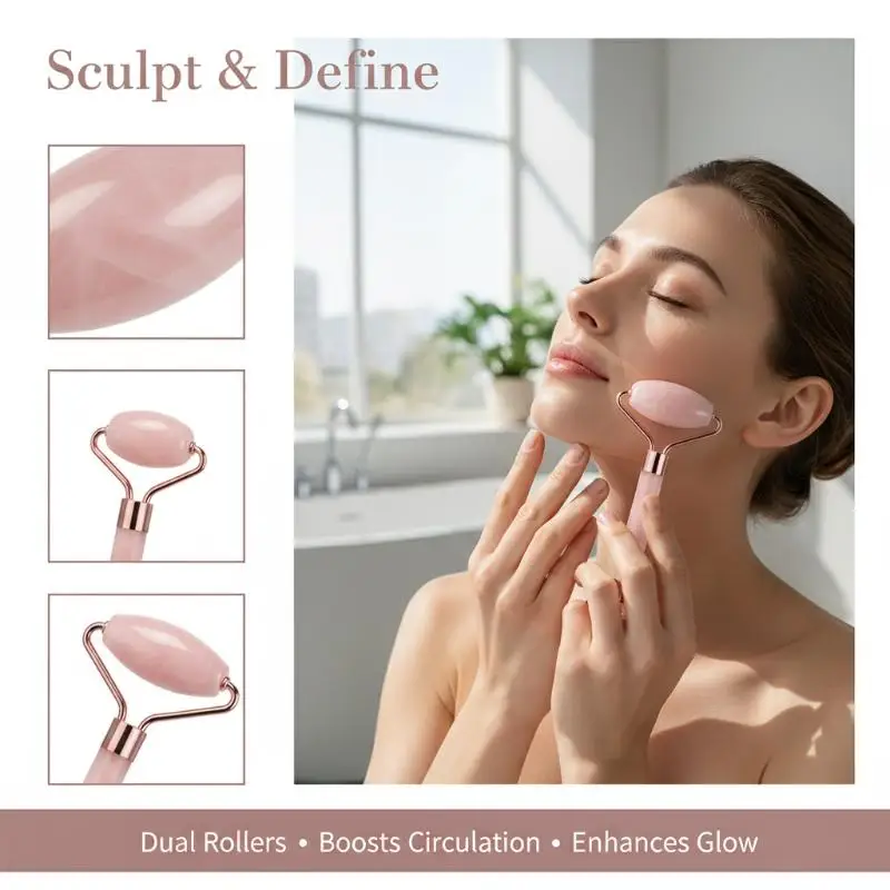 【L】Rose Quartz Roller Massager Set (Non-Jade Facial Roller Massager)Health Care 93 Store