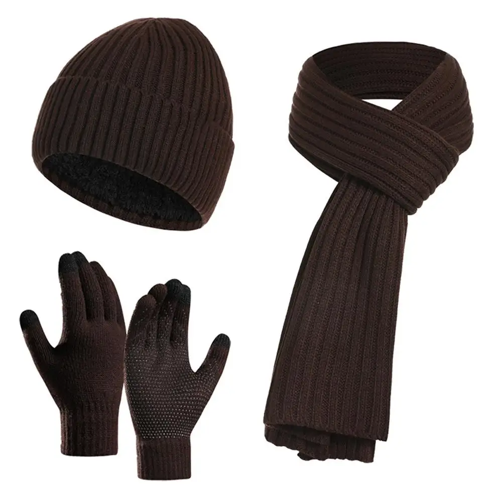 Casual Thickened Beanies Scarf Gloves Set Fleece-lined Unisex Beanie Hat Winter Warm Knit Long Scarf Neck Warmer for Women & Men