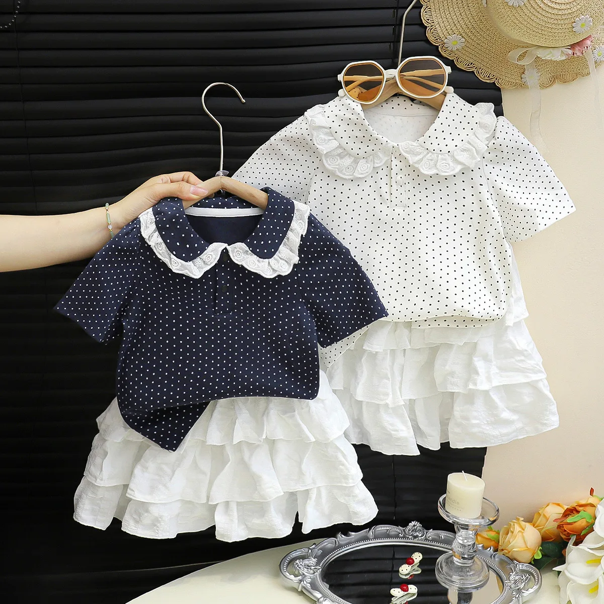 Girls Polka Dot Peter Pan Collar Shirt With Cake Layer Skirt Set Summer Breathable Short Sleeve 2Pcs Outfit Daily Casual Outfit