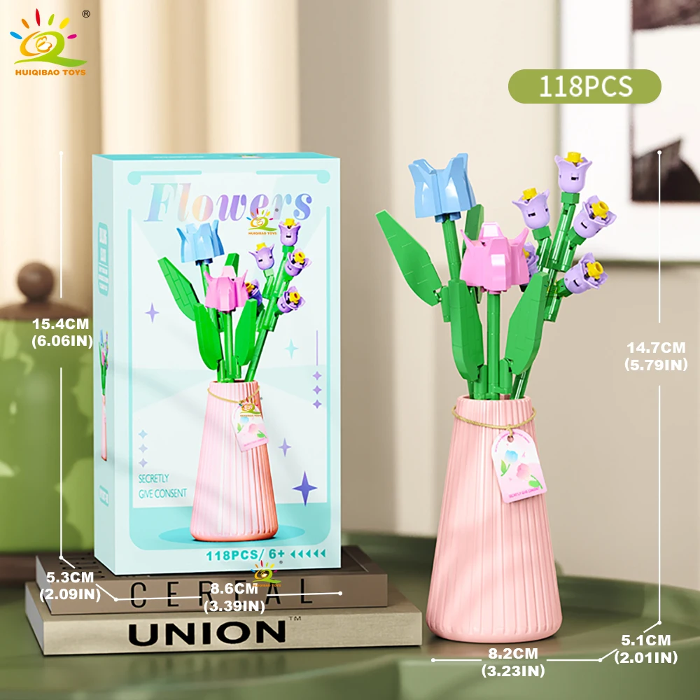 HUIQIBAO MOC Eeuwig Bloemboeket met pot Micro Bouwsteen Zonnebloem Rose Mini Model Baksteen Speelgoed thuis Bureau Decoratie
