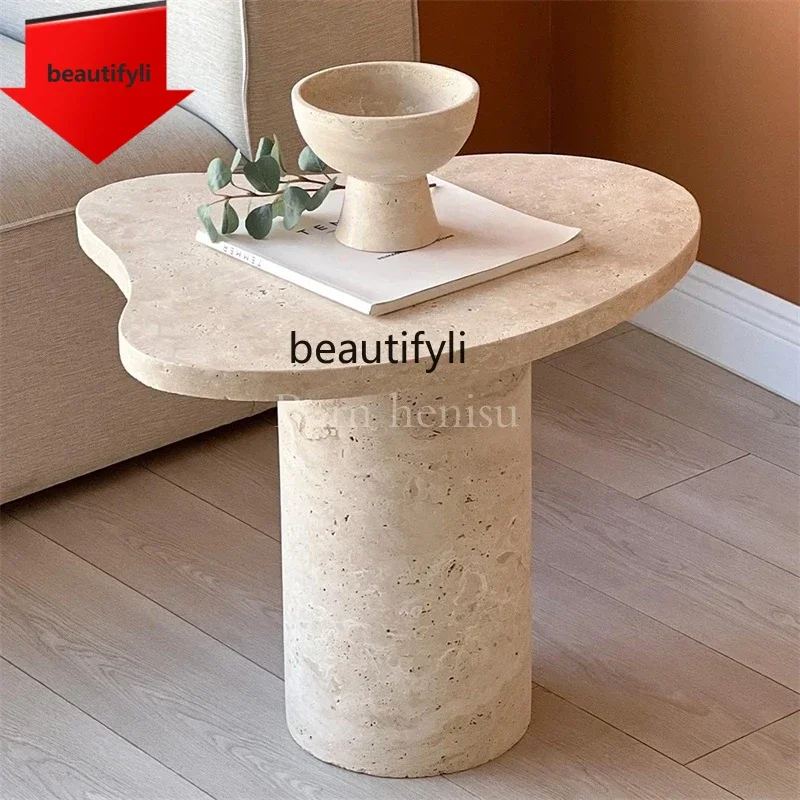

02 Wabi Sand Wind Natural Travertine Special-shaped Edge Designer Light Luxury Household Living Room Bedside Table Edge