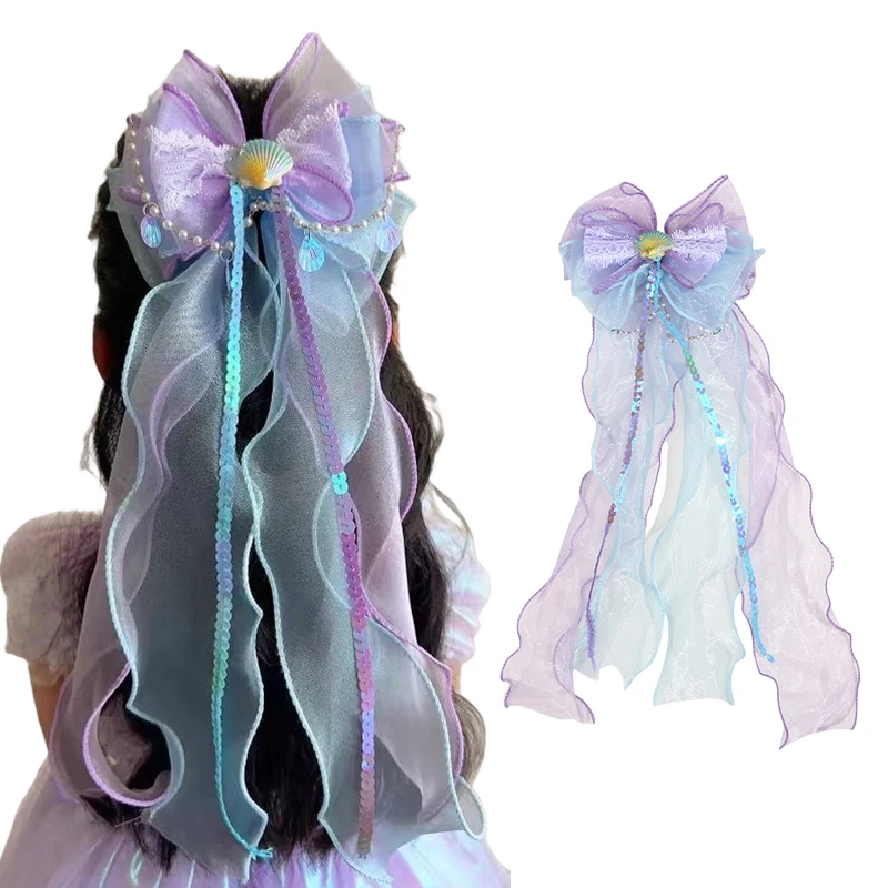 

Princess Style Mermaid Ribbon Clip Children's Colorful Ribbon Gradient Color Pearl Tassel Back Of The Head Hairpin Hair Accessor
