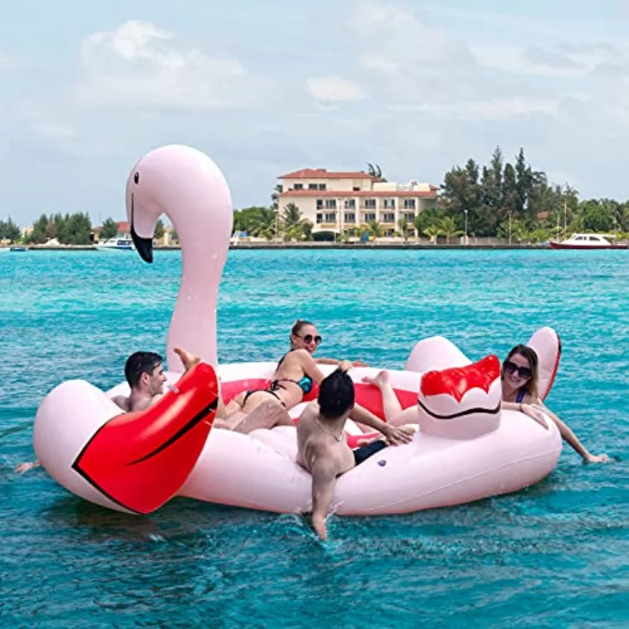 Pool float for 4-6 people, PVC material, pink color, extra-large inflatable flamingo design with 6 cup holders and included air