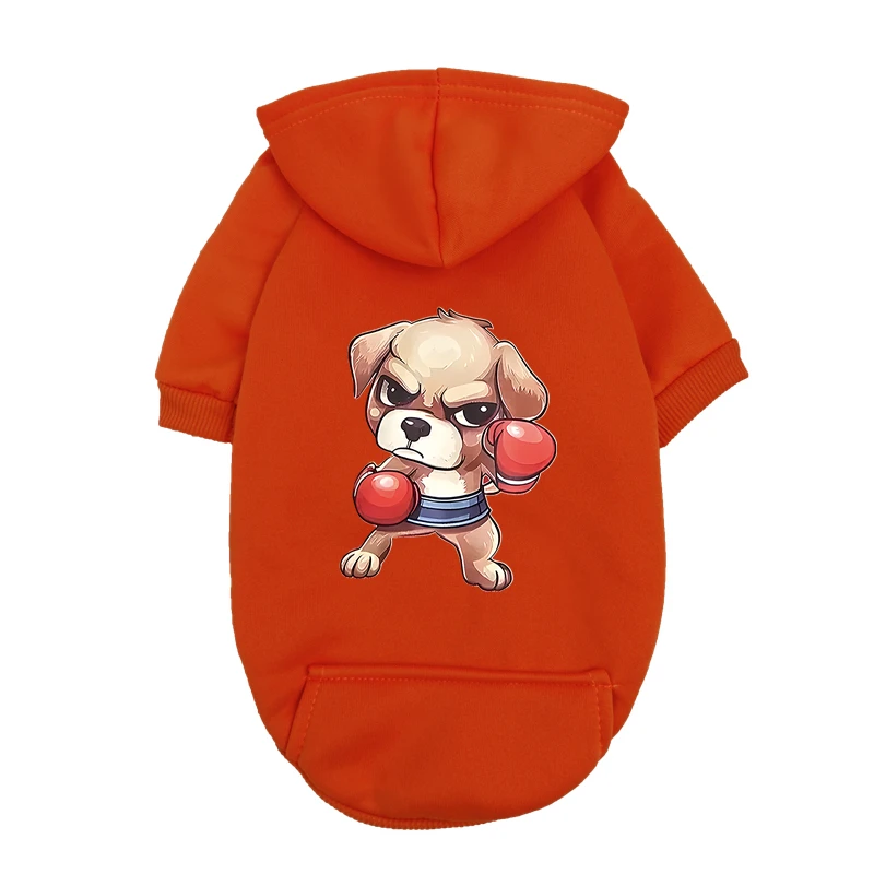 Small Dog Boxer Hoodie - Orange Puppy Jumper with Funny 'Punching Dog' Graphic - Fleece Lined Pet Sweatshirt for Winter