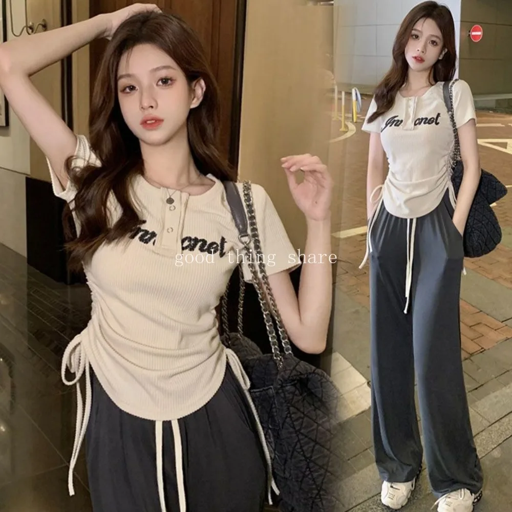 Hot Girl Drawstring Letter Short Sleeve Women's Summer Slim Fit Pure Desire Style Trousers Casual Suit