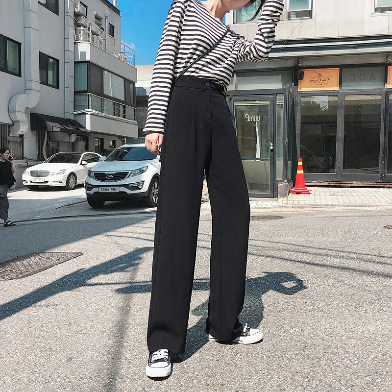 High Waist Wide Leg Pants Women's Loose Floor Length Versatile Slimming Straight Cut Korean Style Commute Pure Color Skirt