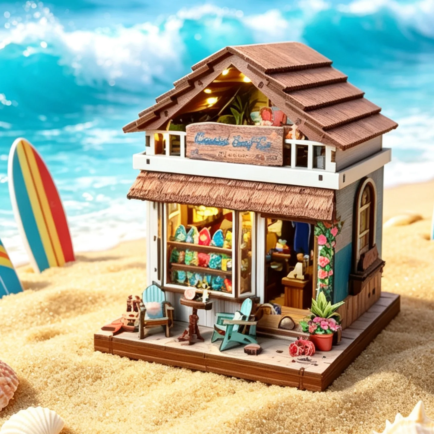 Book Nook Kit 3D Wooden Puzzle Surfing DIY Miniature Dollhouse Beachside Shop Model Building Home Decoration Gifts