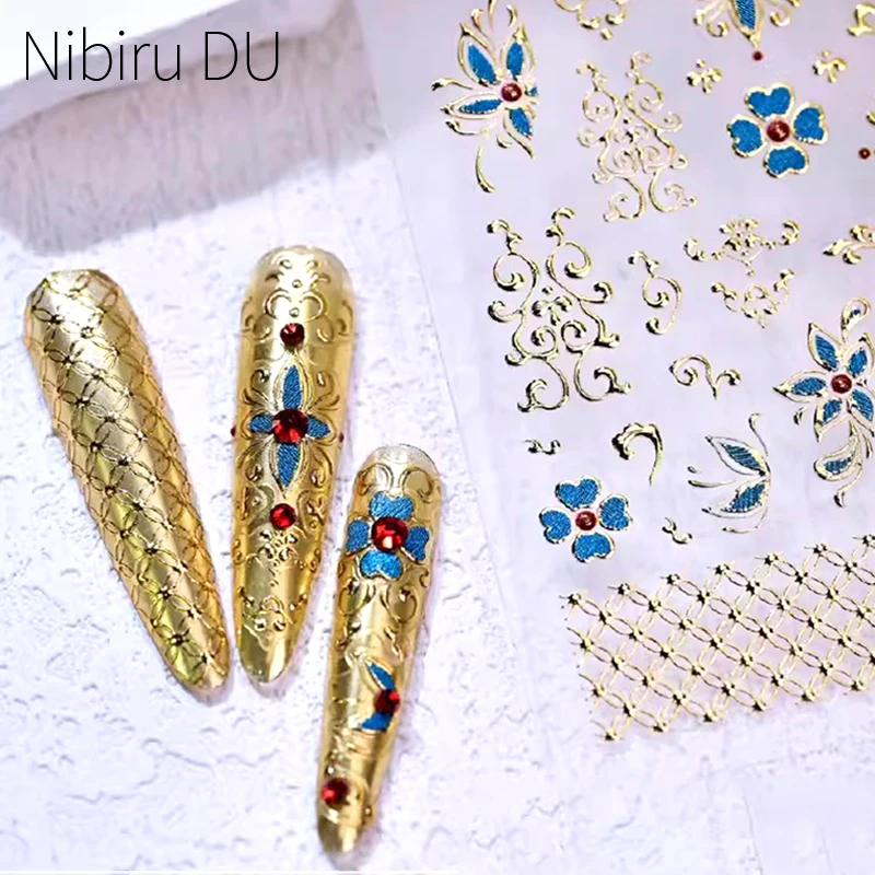 

Chinese Palace Style Nail Sticker 5D Embossed Noble Ethnic Totem Gold Blue Flowers Hot Stamping Nail Stickers Manicure Decals