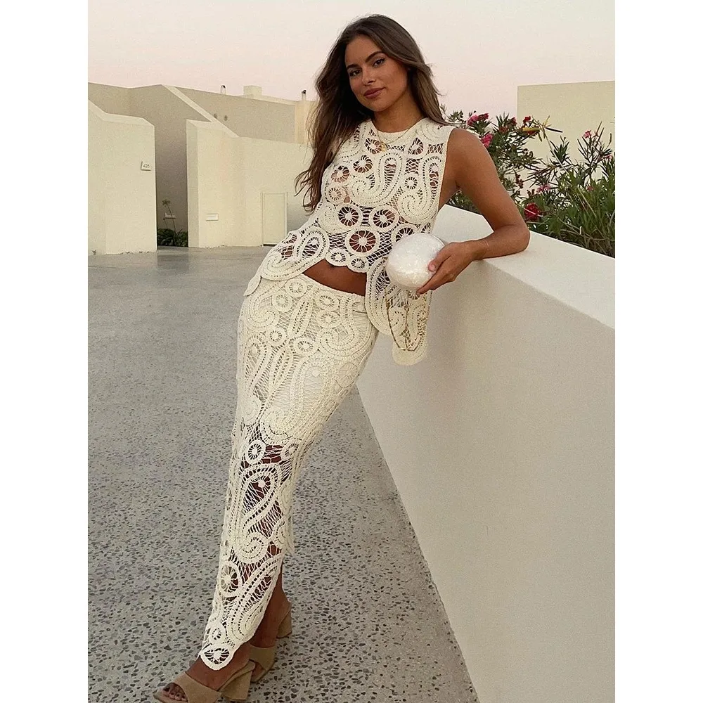 

Women 2026 Summer Chic Ladies Set Fashion Female Solid Sleeveless Slim Top 2 Pieces Set Elegant Hollow Out Maxi Skirt Set