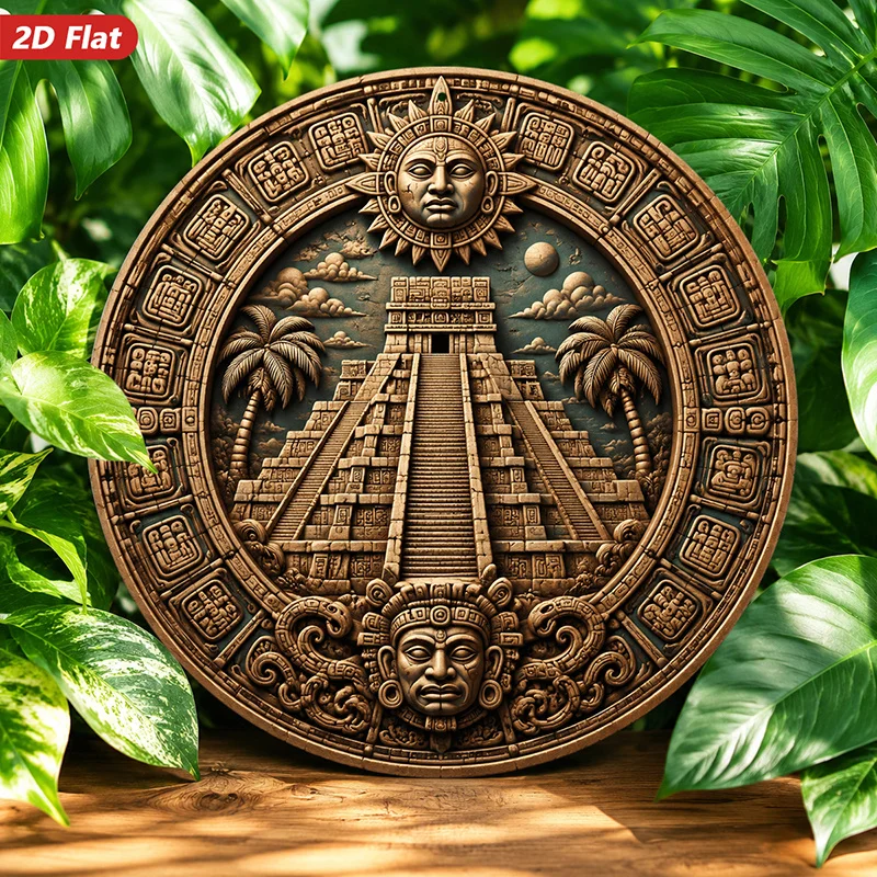 2D Flat, 1pc Ancient Temple Relief Round Metal Sign Wall Art, Sun God Mask, Stone Pyramid Relief, Tribal Calendar Patterns, Rust