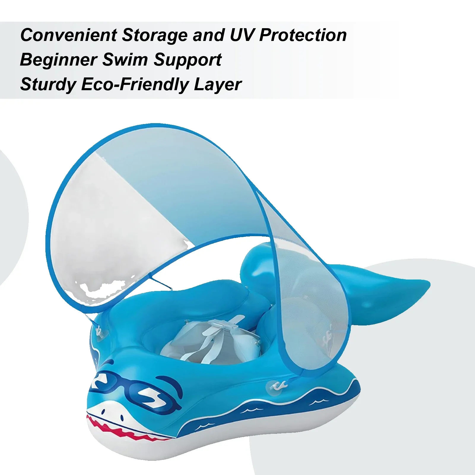Baby Swim Float With Canopy Portable Skin-Friendly Baby Swim Float Foldable Fun Shark Shape Ring With Shade For Swimming Outdoor