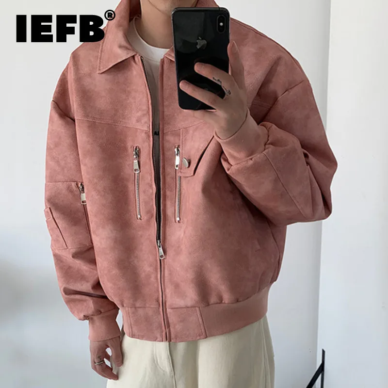 IEFB cappotti maschili in stile americano con cerniera Patchwoek top in pelle PU colletto rovesciato giacche Casual da uomo in tinta unita autunno 9