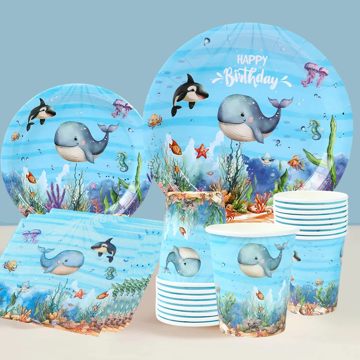 Tischdecke, Tassen und Teller zur Dekoration für eine Geburtstagsfeier mit Meerestieren, Kindergeburtstagsdeko, Geschenk für Kinder, Dekoration für eine Party im Unterwasser-Thema, Baby-Shower-Zubehör. – Detail 9